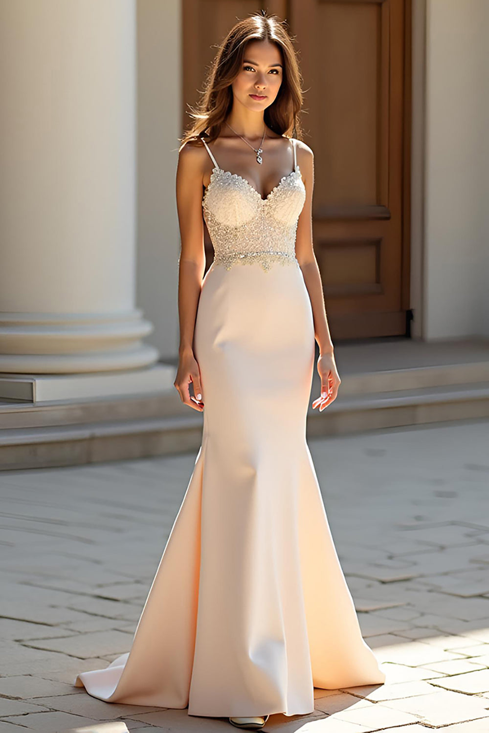 Chamapgne Sheath Spaghetti Straps Long Prom Dress with Appliques