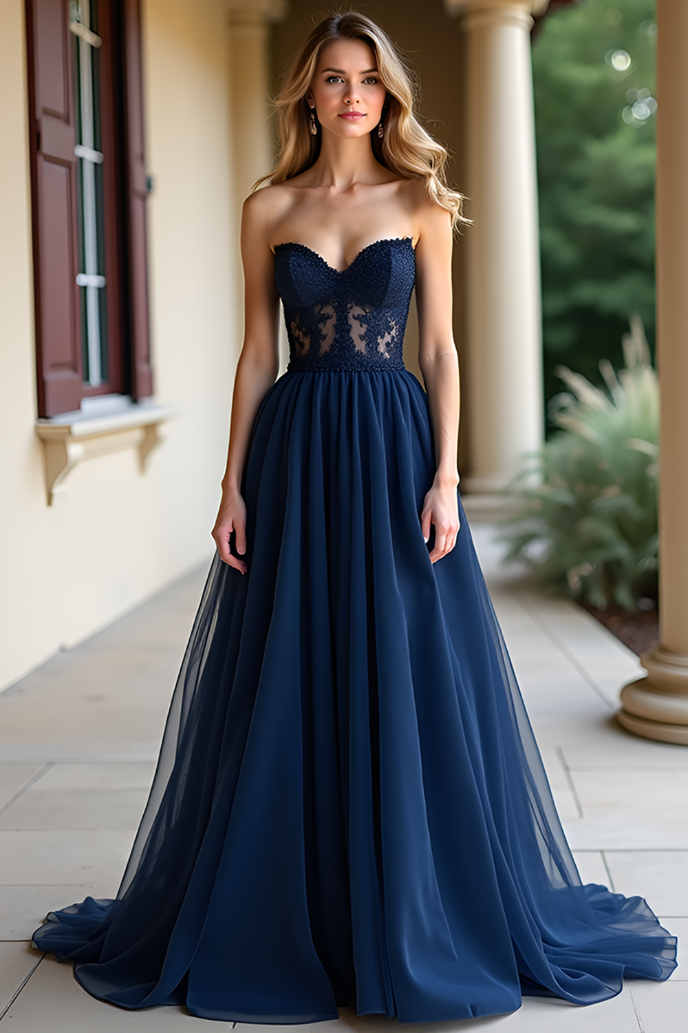 Navy Lace Sweetheart A Line Prom Dress