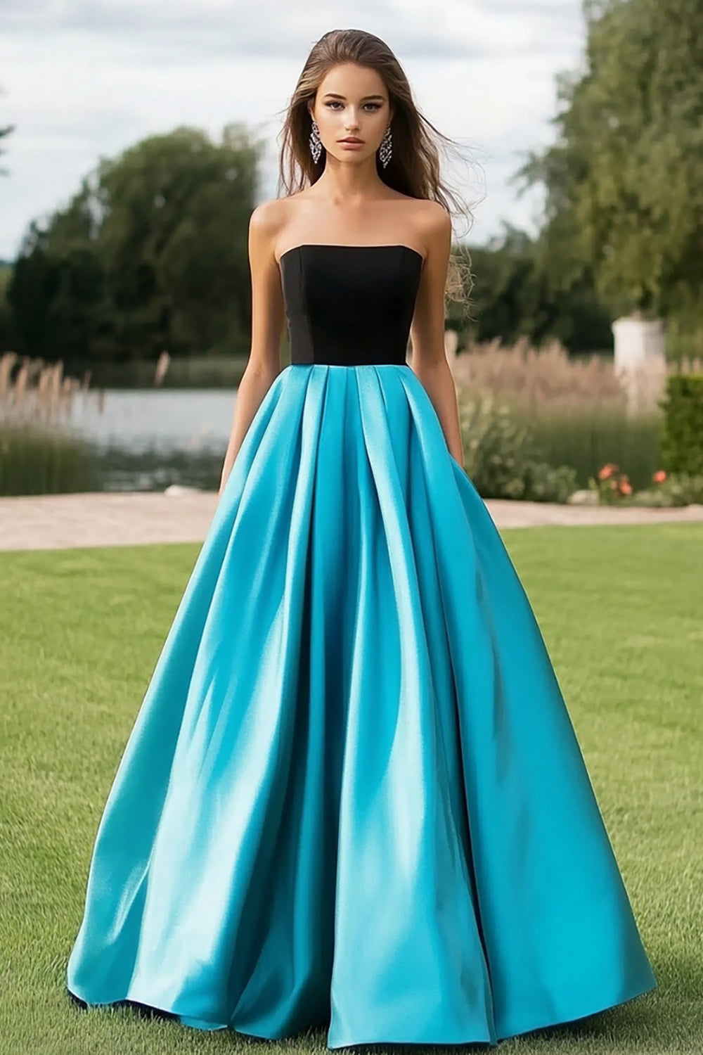 Black Blue Ball Gown Satin Long Prom Dress