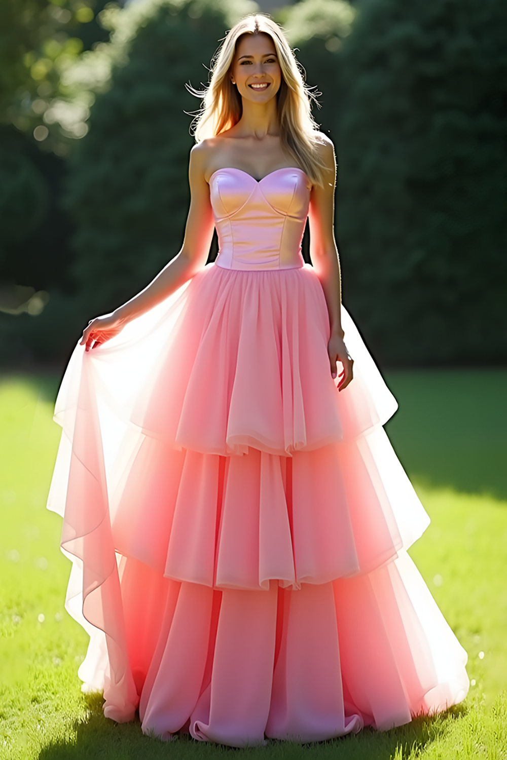 A Line Pink Sweetheart Tiered Long Prom Dress