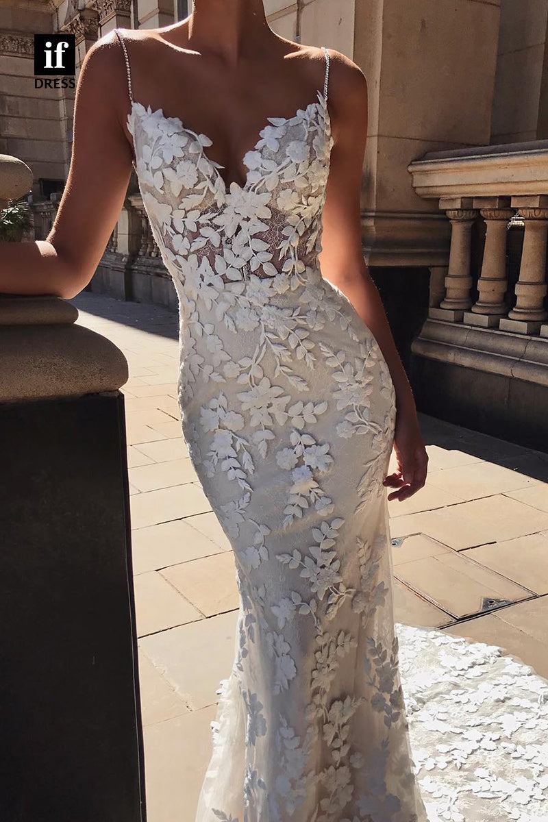 31580 - Sexy Spaghetti Straps V-Neck Lace Appliques Wedding Dress