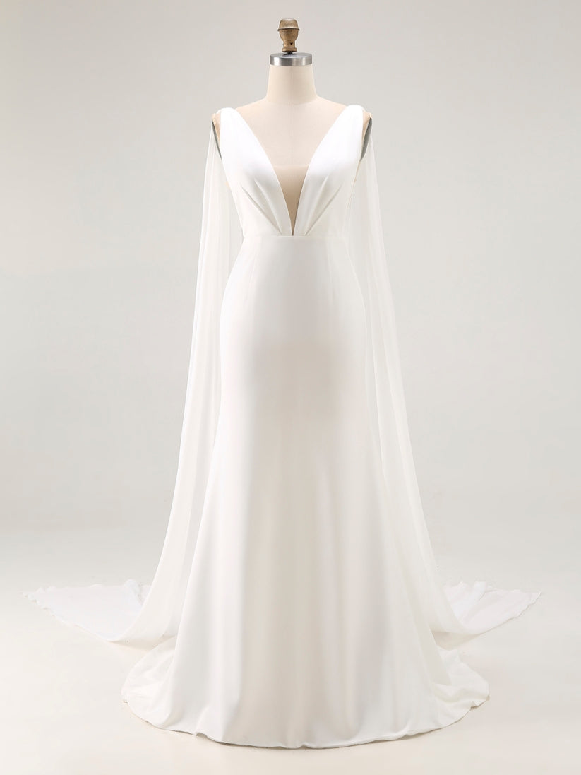 Elegant Ivory Satin Watteau Train V Neck Mermaid Wedding Dress