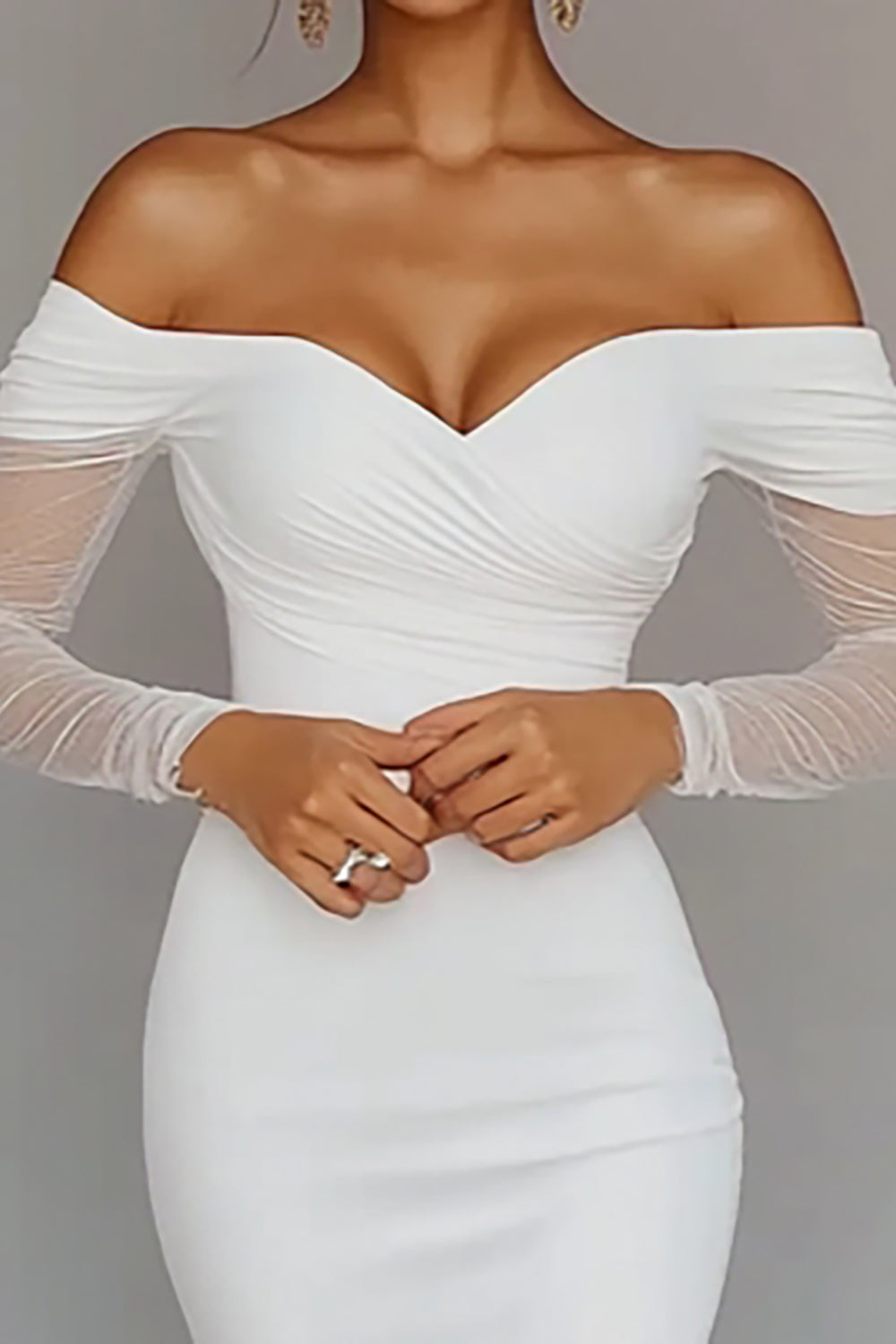 White Satin Bodycon Sheath Graduation Dress with Sleeves
