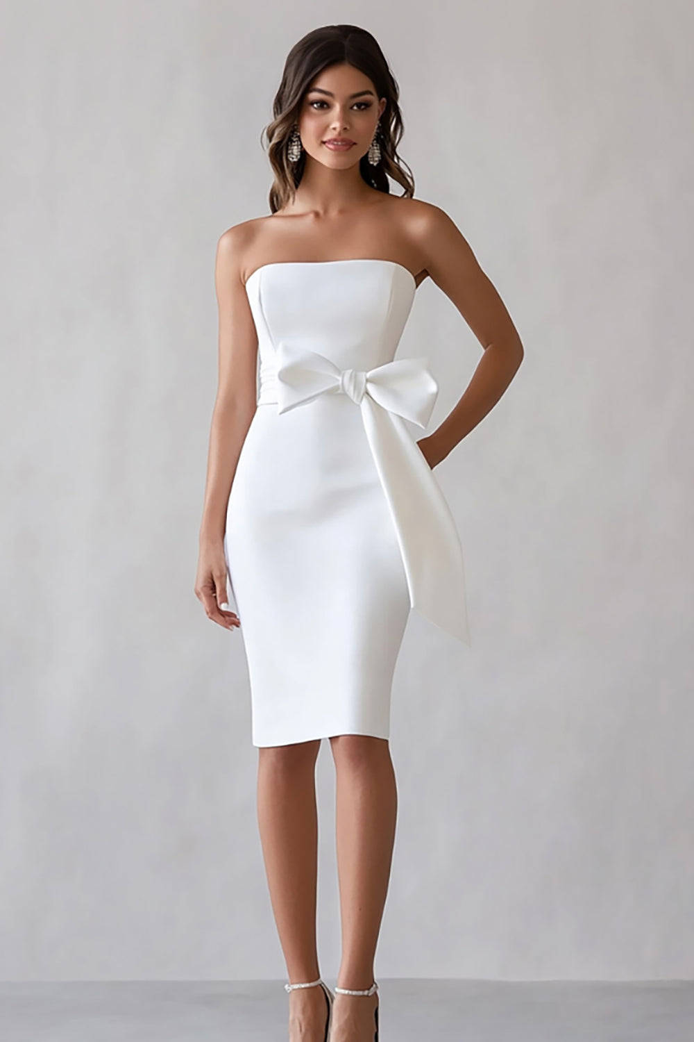 White Satin Strapless Midi Bodycon Engagement Dress with Bow