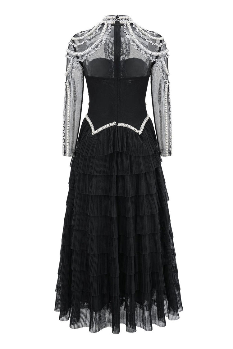 Luxury Crystal Pearl Beaded Drop Waist Tiered Tulle Maxi Evening Dress - View 2 | VelvetHem
