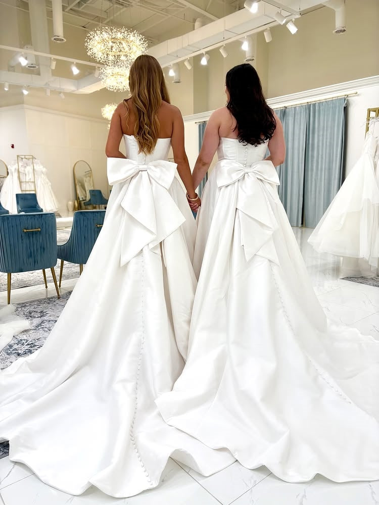 Minimalist Strapless Satin Bridal Gown With Big Bow Back