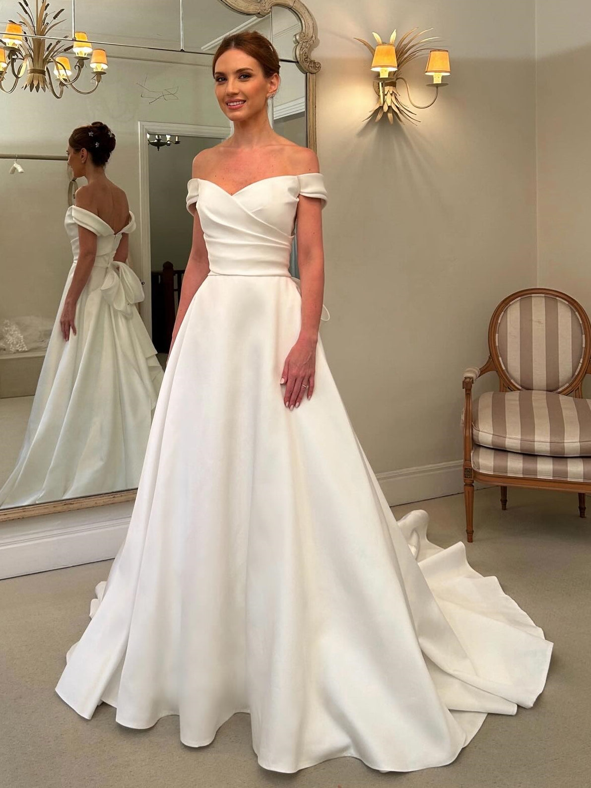 Simple A-Line Bow Off the Shoulder Satin Wedding Gown
