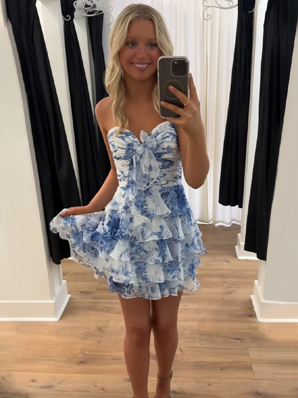 Flower A-Line Sweetheart Tiered Tulle Homecoming Dress - FashionDia