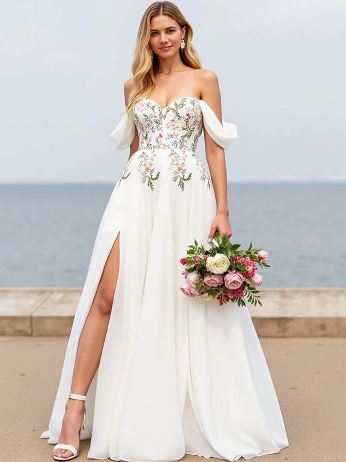 Ivory A Line Floral Sweep Train Chiffon Wedding Dress with Slit