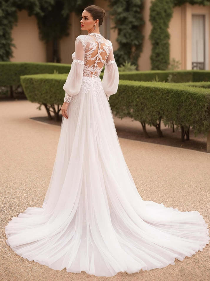 Vintage High Neck Long Sleeves Ivory Sweep Train Wedding Dress with Lace