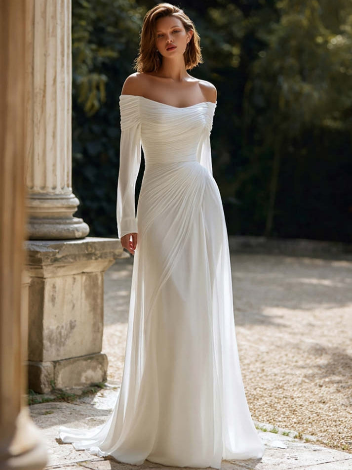 Ivory Sheath Chiffon Ruched Sweep Train Off the Shoulder Wedding Dress