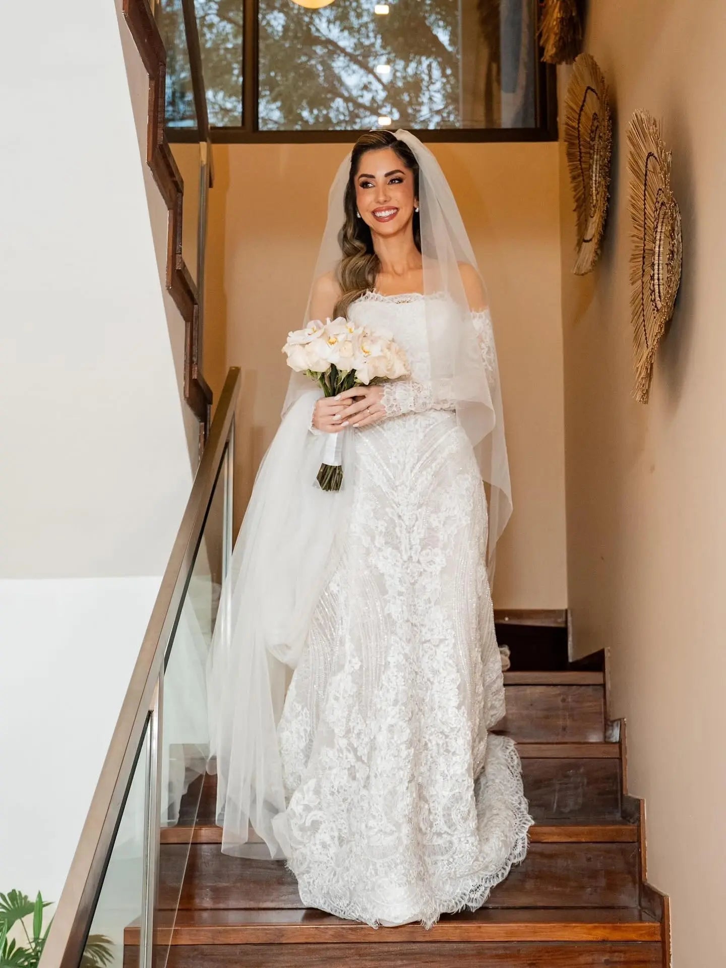 White Beaded Lace Bridal Gown with Off Shoulder Long Sleeves ZP203