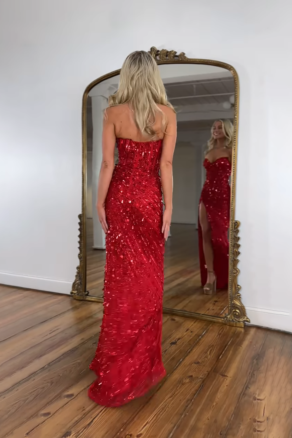 Sparkly Gold Mermaid Sequins Sweetheart Long Corset Prom Dress with Slit (ZD17394)