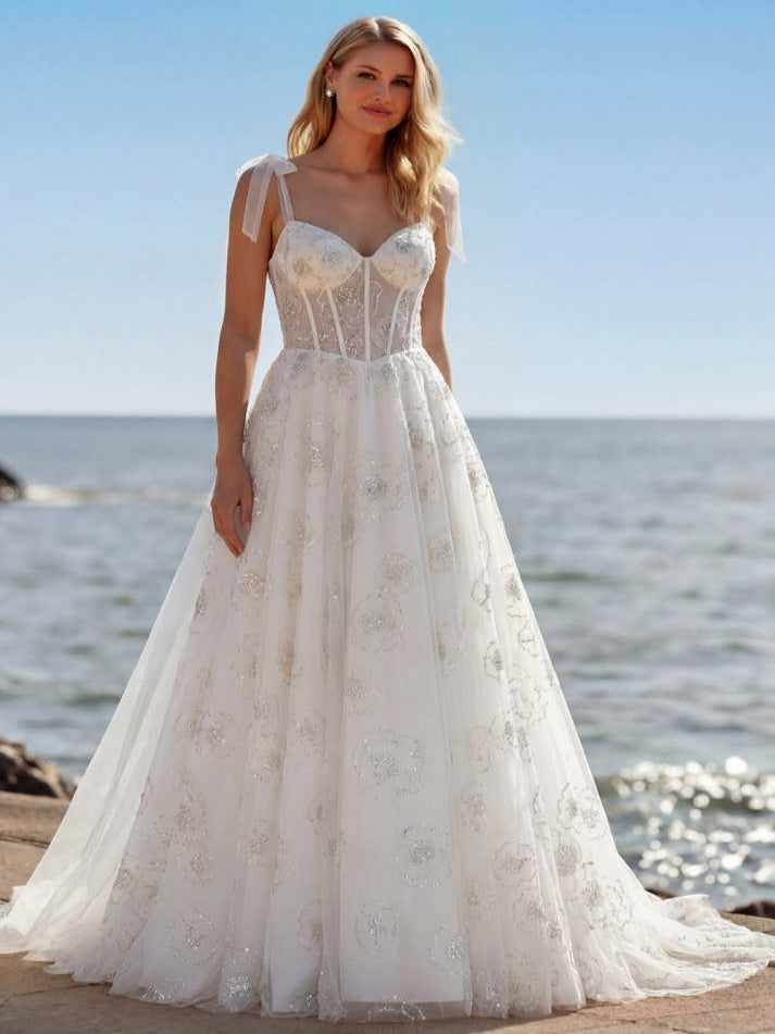 Ball gown White Sparkly Beaded Corset Floral Maxi Wedding Dress