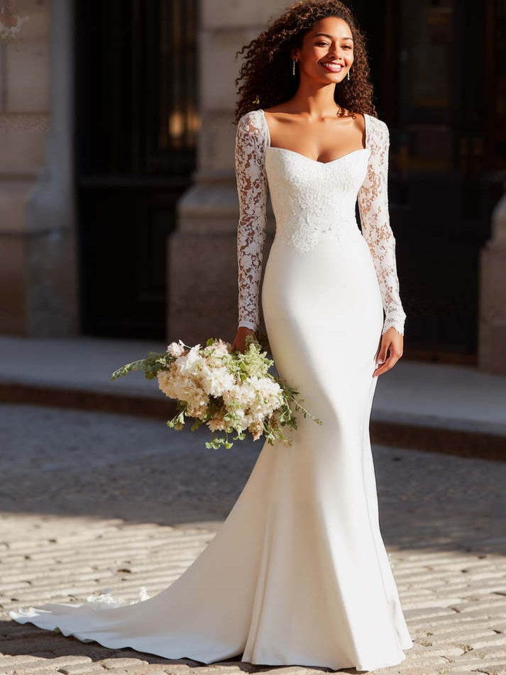 White Mermaid Scoop Neck Long Wedding Dress with Lace