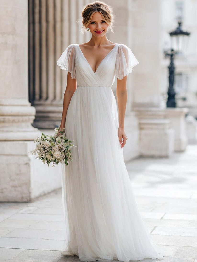 Ivory V-Neck A Line Tulle Floor-Length Wedding Dress with Sleeves