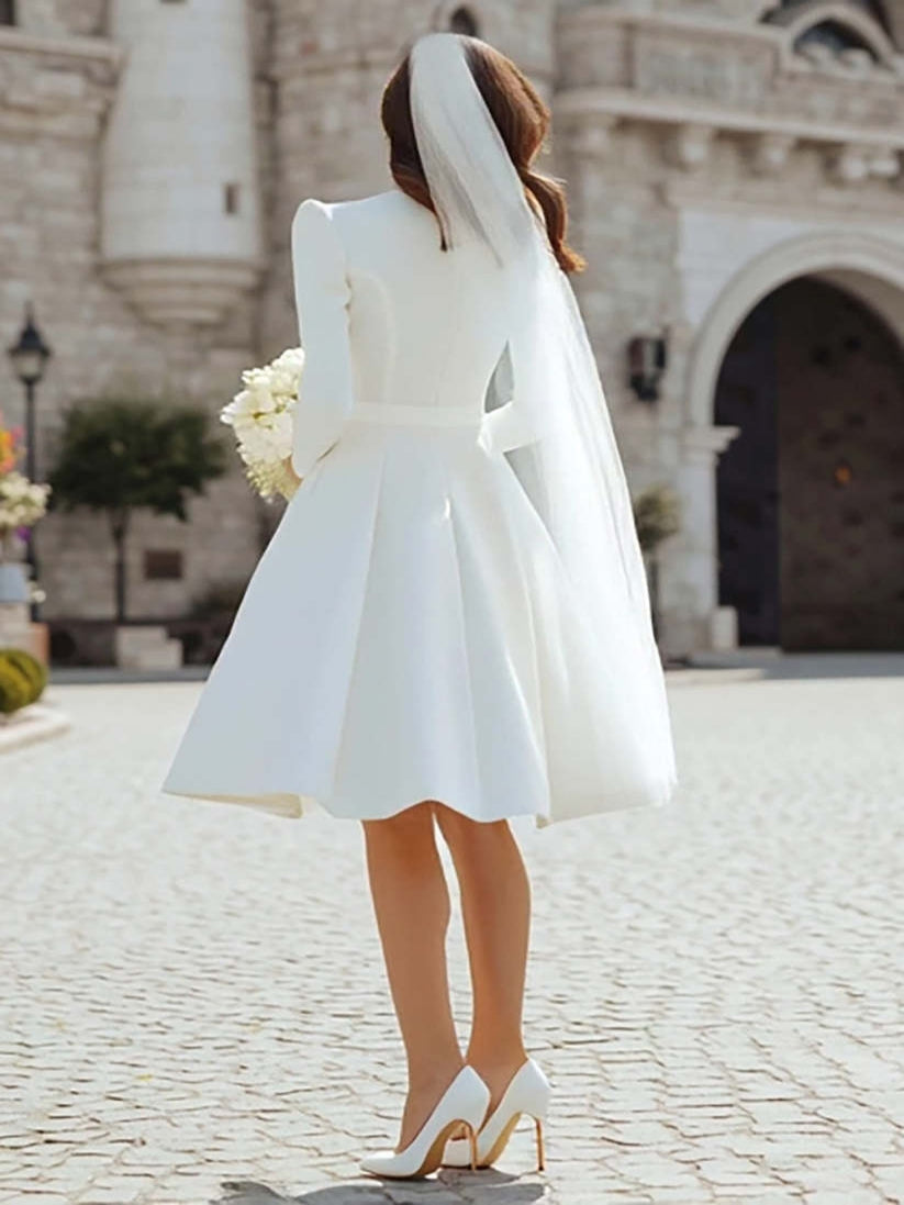 Ivory Short A Line Simple Wedding Dress with Sleeves