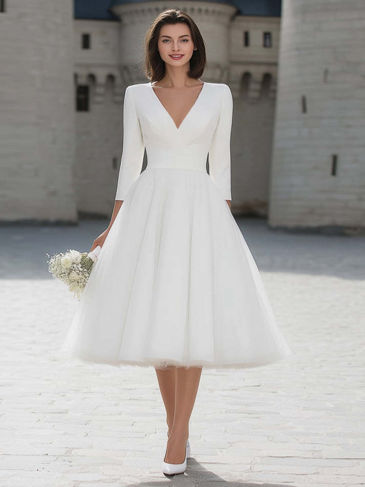 Ivory V-Neck A Line Midi Simple Wedding Dress with Sleeves