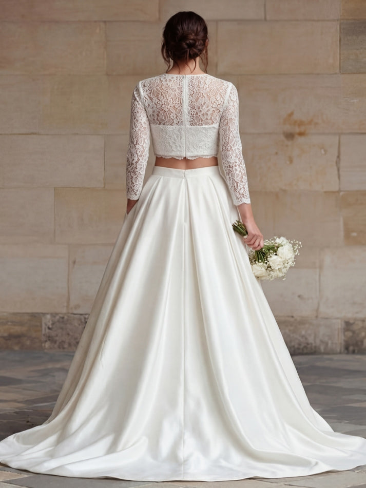 Ivory Satin 2 Piece Long Sleeves A Line Wedding Dress with Lace