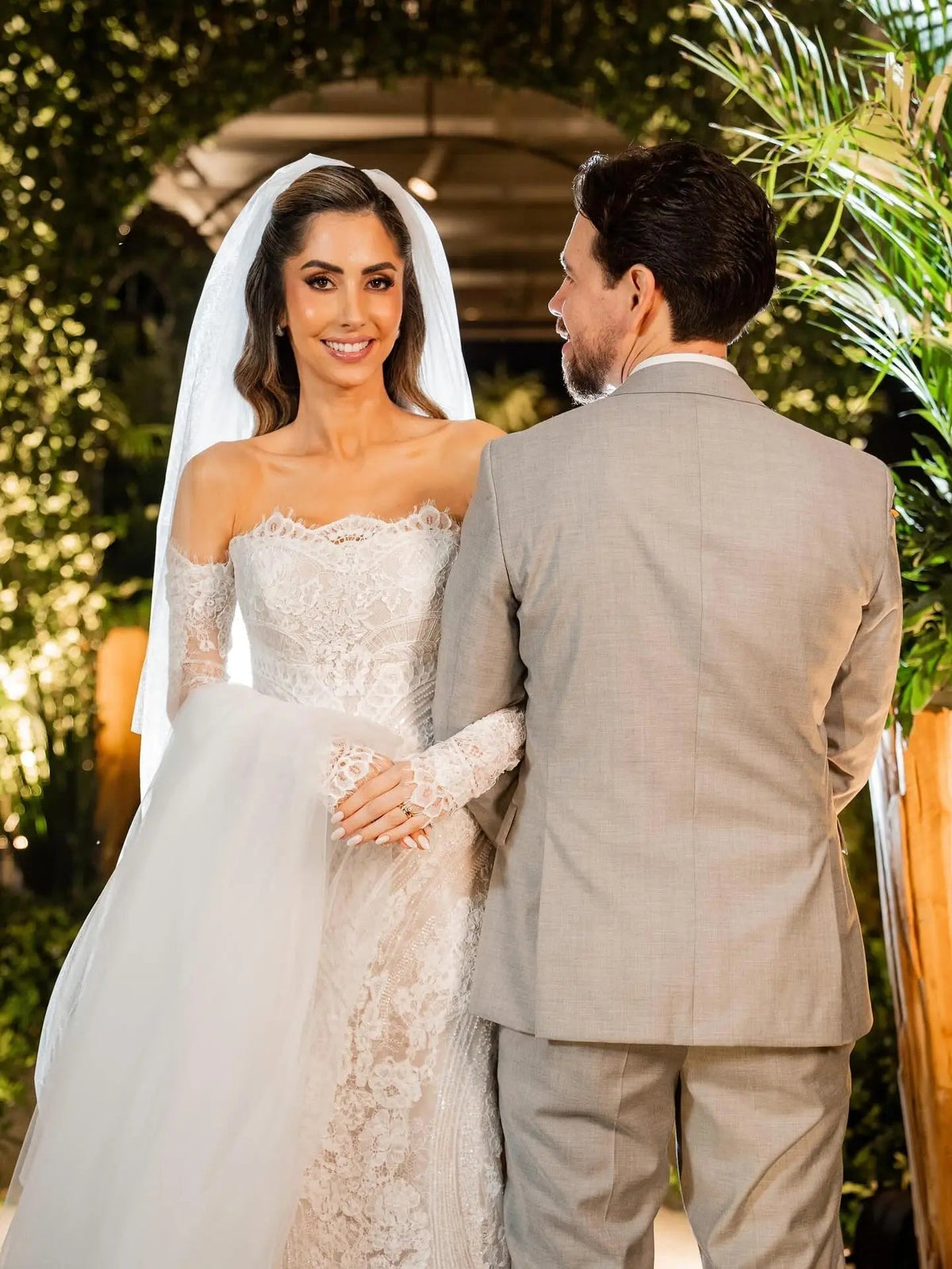 White Beaded Lace Bridal Gown with Off Shoulder Long Sleeves ZP203 - View 6 | VelvetHem