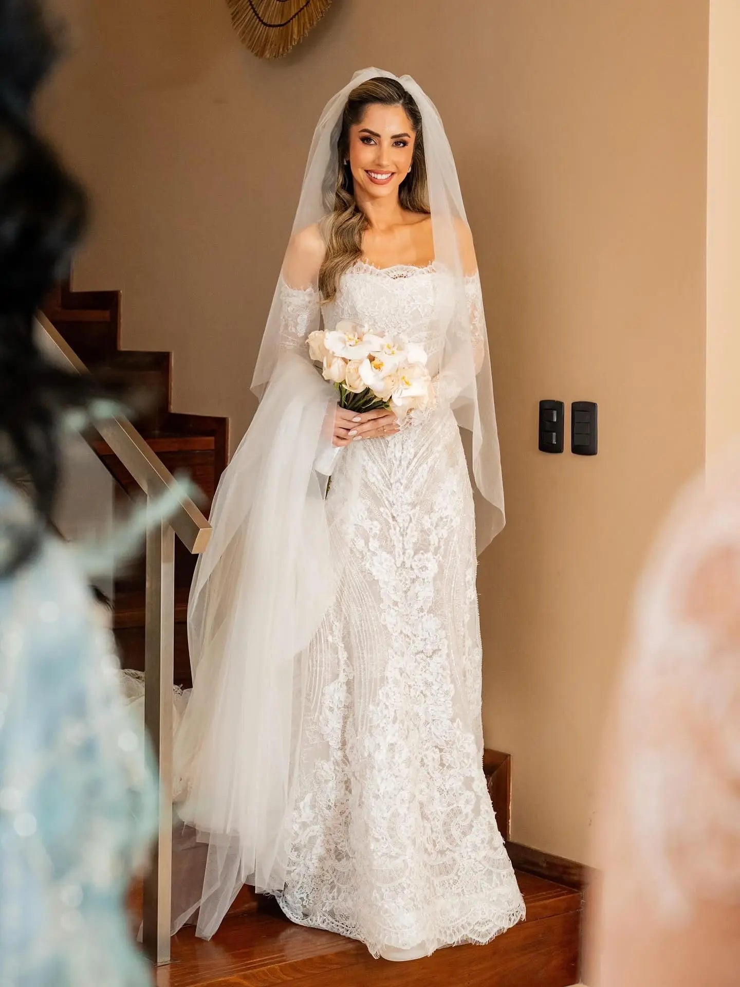 White Beaded Lace Bridal Gown with Off Shoulder Long Sleeves ZP203
