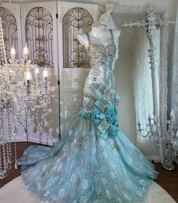 Blue Mermaid Lace Prom Party Dress Evening Dress Birthday Dress - FashionDia