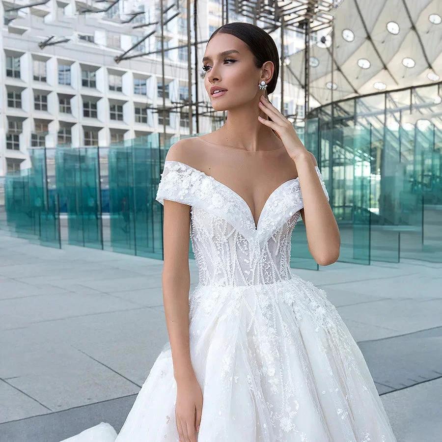 Sexy Sweetheart Lace Wedding Dresses Women's V-neck Decal Princess Wedding Formal Party 2023 Off Shoulder Beaded Romantic Bridal (ZD14157)