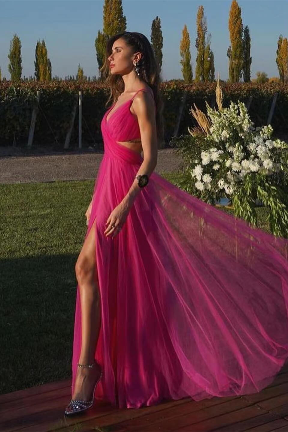 Long A-line V-neck Tulle Backless Prom Dress with Split - View 2 | VelvetHem