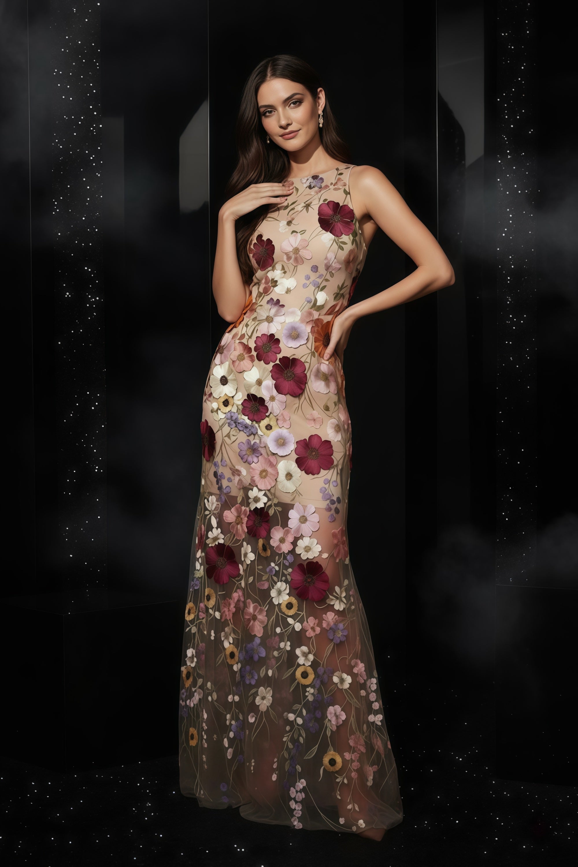 Round Neck Maxi Dress with Illusion Mesh and Floral Appliques