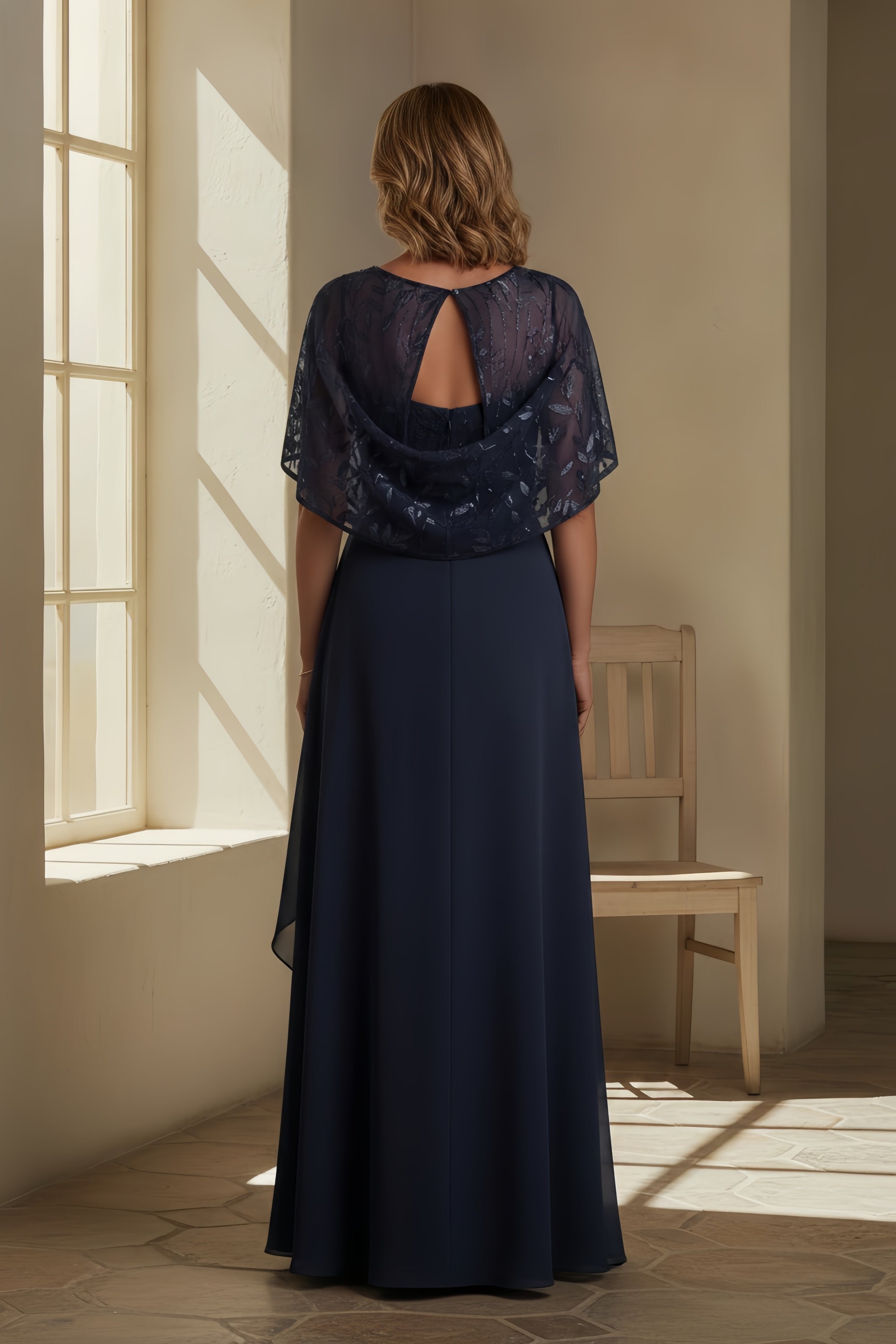 Elegant Embroidered Capelet Overlay Evening Gown with Ruched Waist