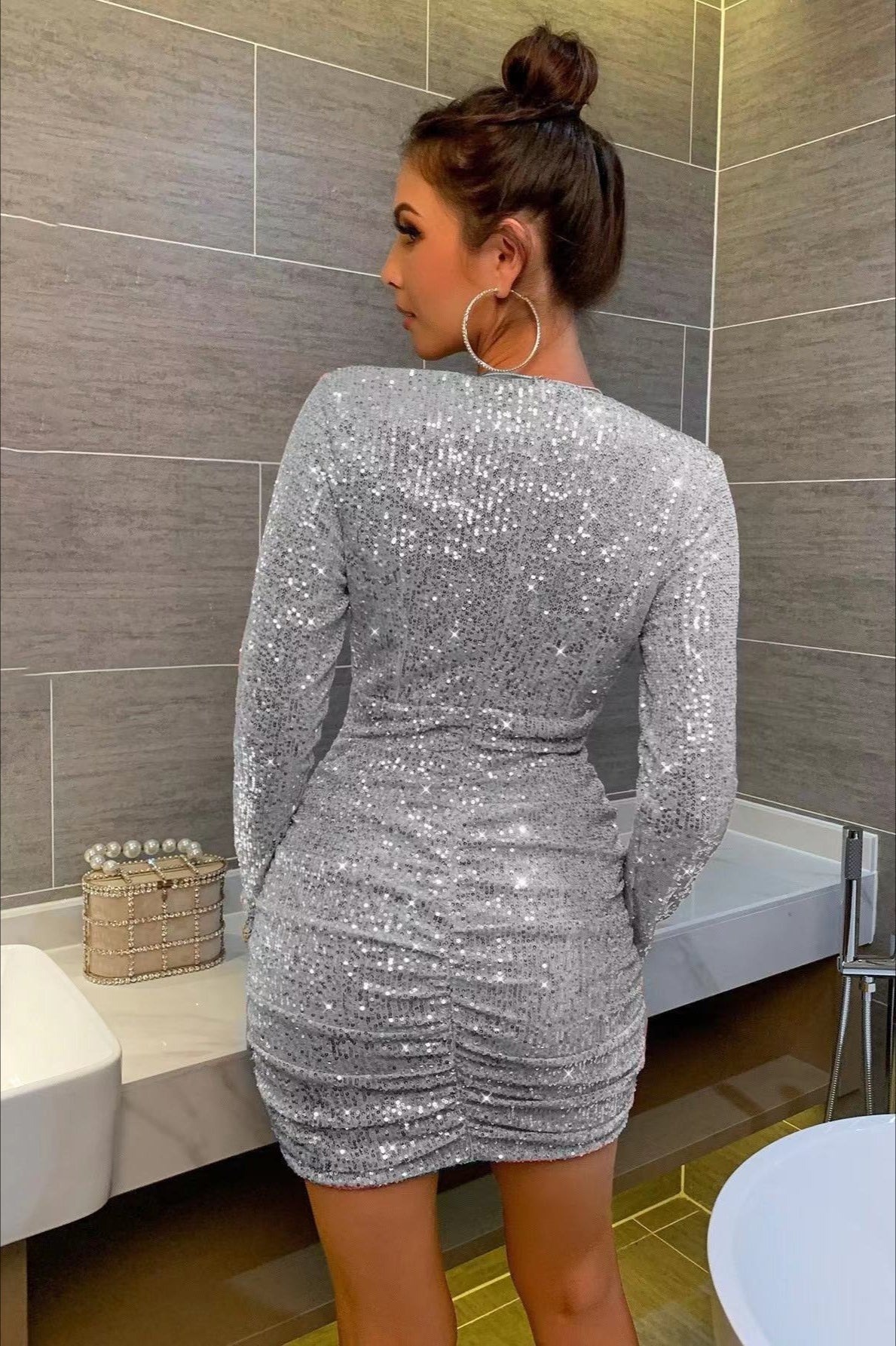 Long Sleeve V-Neck Ruched Sequin Sequin Dress - View 6 | VelvetHem