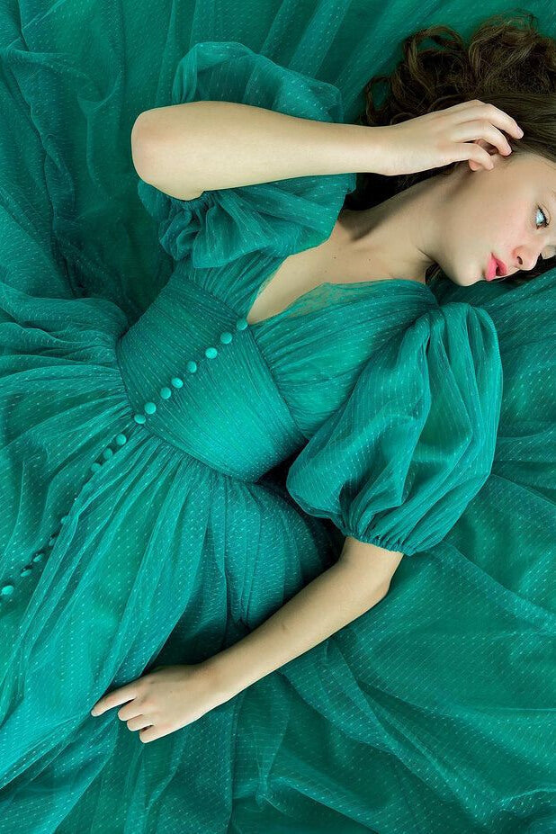 Elegant Dark Green A-Line Tulle Evening Dress with V-Neck and Short Sleeves - View 2 | VelvetHem