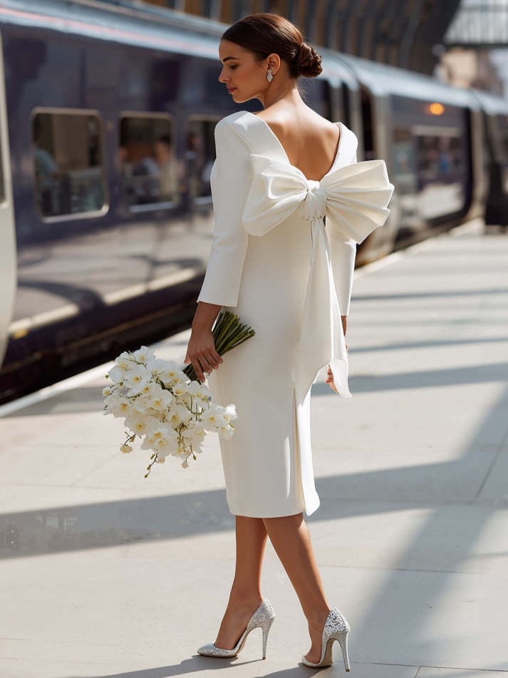 White Bodycon Round Neck Midi Engagement Dress with Bow
