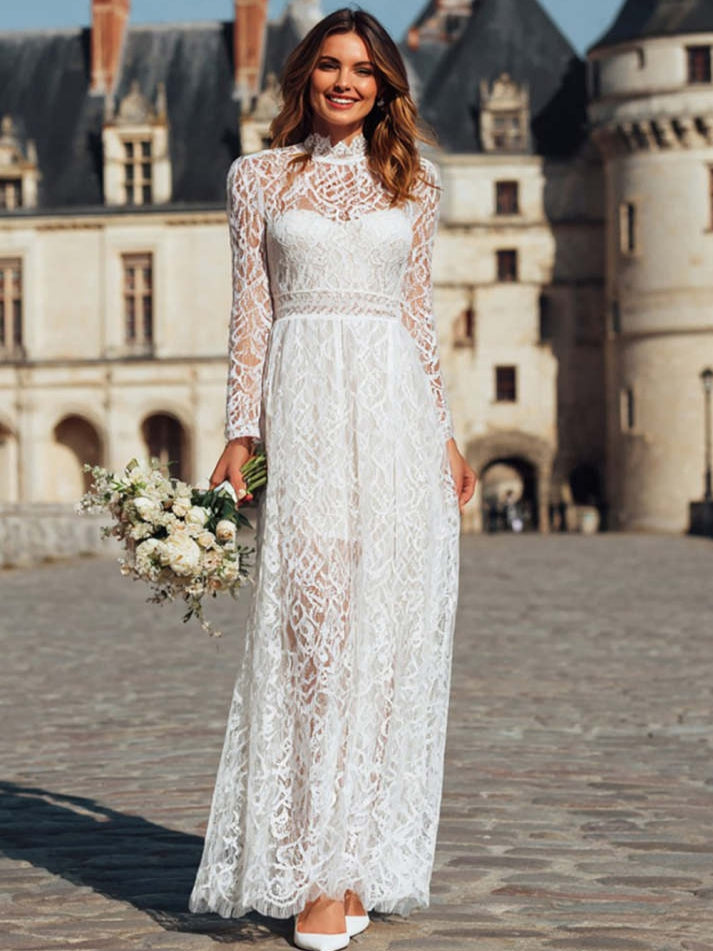 Ivory High Neck A-Line Maxi Boho Wedding Dress with Sleeves