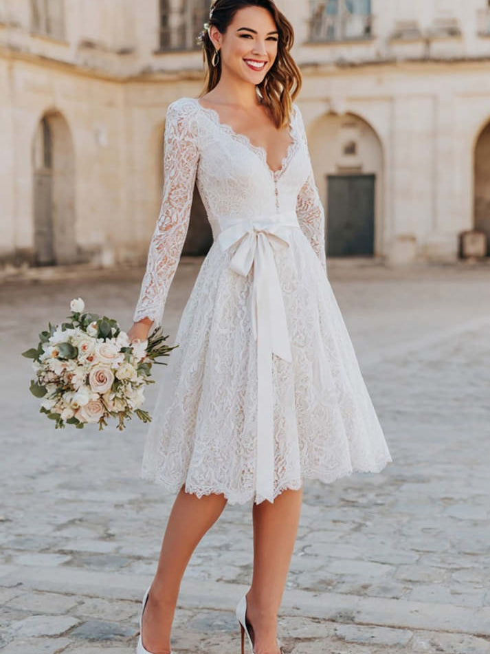 Ivory A Line Lace Midi Boho Wedding Dress with Sleeves