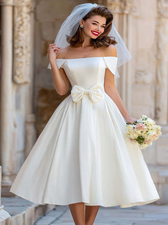 Ivory Off the Shoulder A Line Midi Registry Office Wedding Dress with Bow