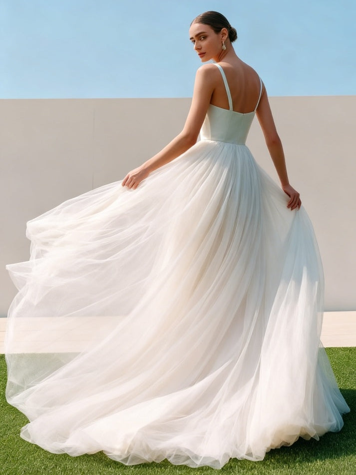 White Tulle A Line Long Engagement Dress