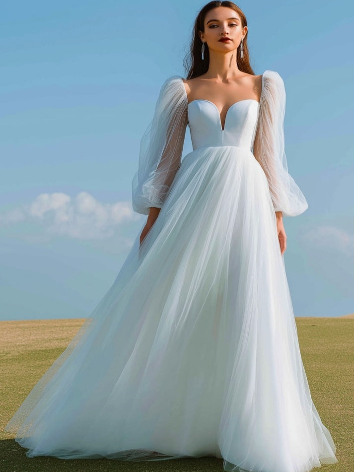 White A Line Long Tulle Engagement Dress with Sleeves