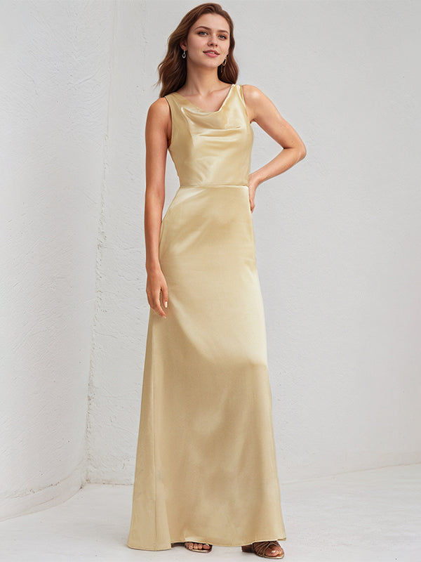 Champagne Satin A Line V Neck Sleeveless Floor Length Pleated Bridesmaid Dress