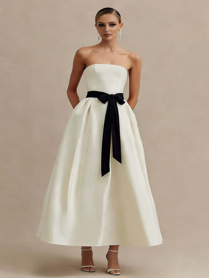 Ivory A Line Strapless Satin Long Elegant Engagement Dress with Bow