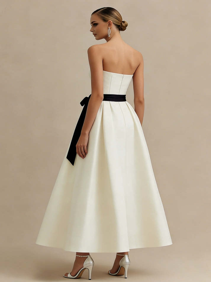 Ivory A Line Strapless Satin Long Elegant Engagement Dress with Bow