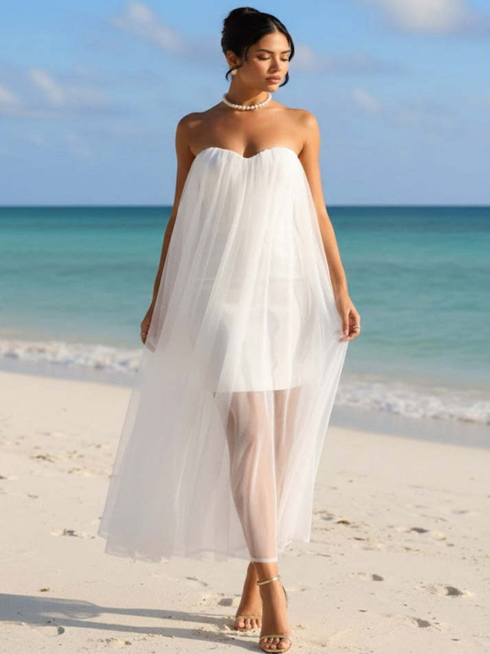 White A Line Sweetheart Long Tulle Wedding Dress