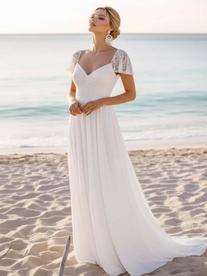 White Chiffon Long Beach Wedding Dress with Lace