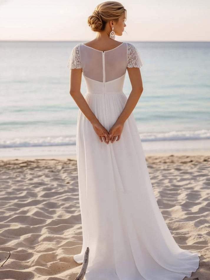 White Chiffon Long Beach Wedding Dress with Lace