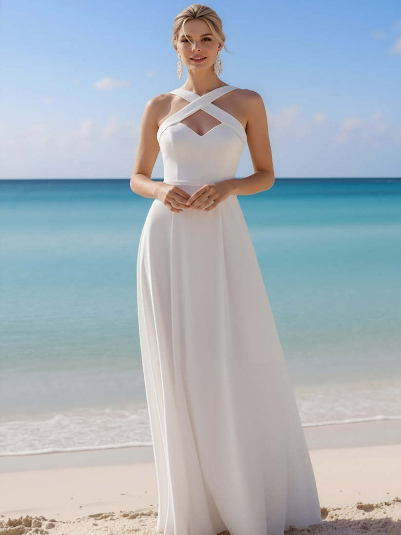 White Chiffon Cross Neck Long Beach Wedding Dress