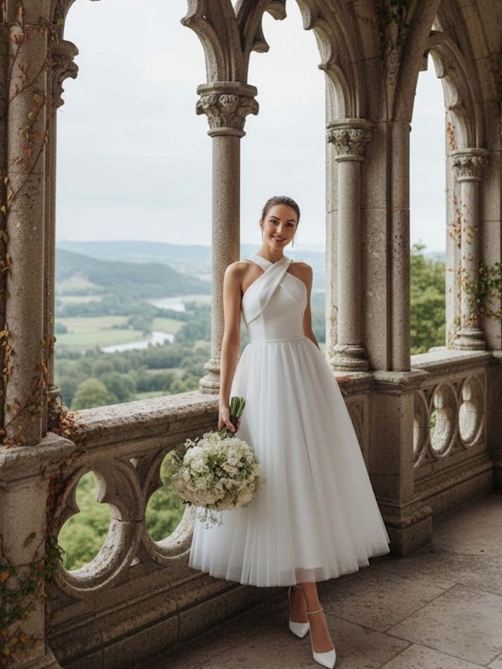 White Tulle A Line Criss Cross Neck Long Wedding Reception Dress