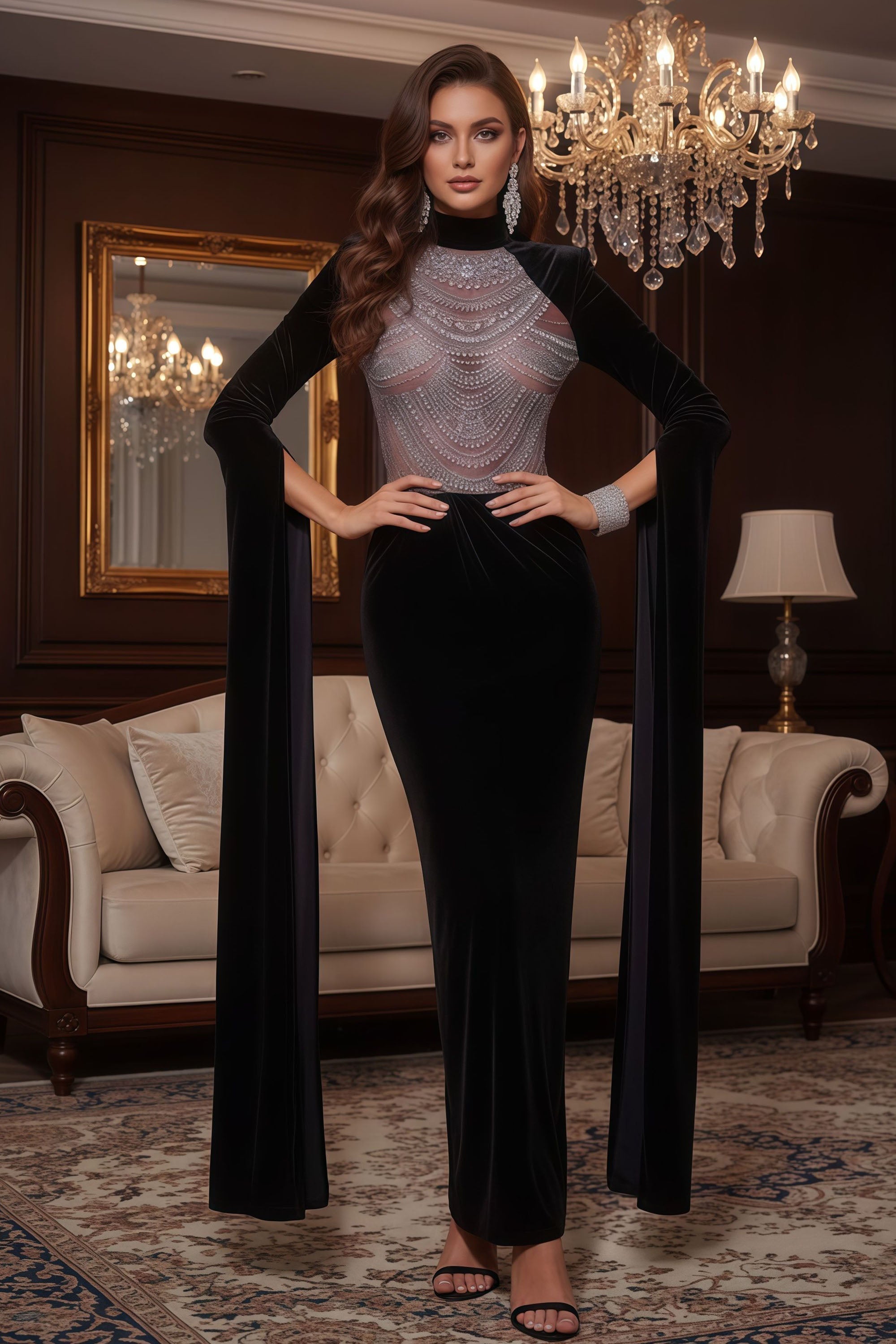 Velvet Maxi Gown With Embellished Illusion Bodice And Sleeves
