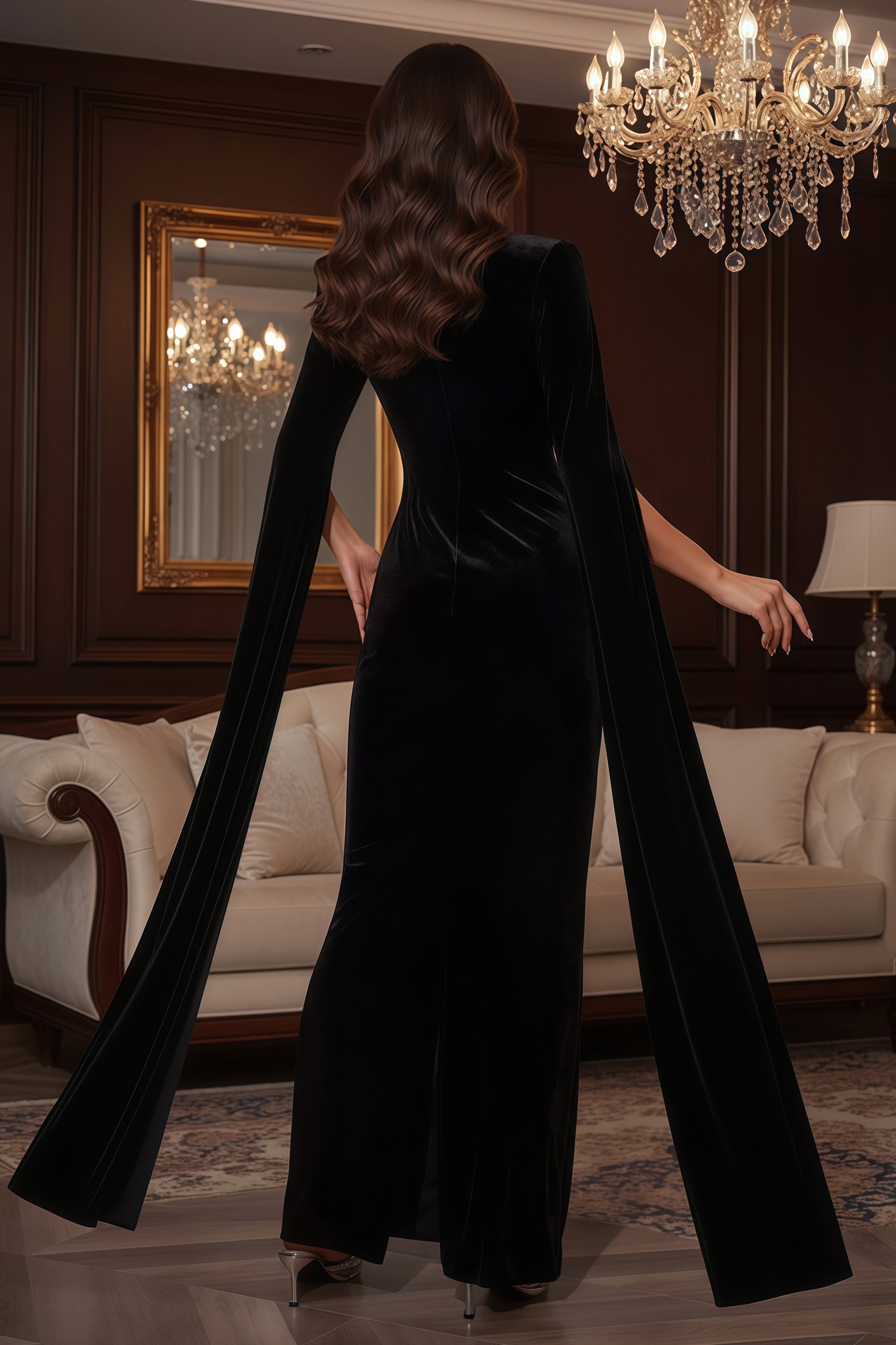 Velvet Maxi Gown With Embellished Illusion Bodice And Sleeves
