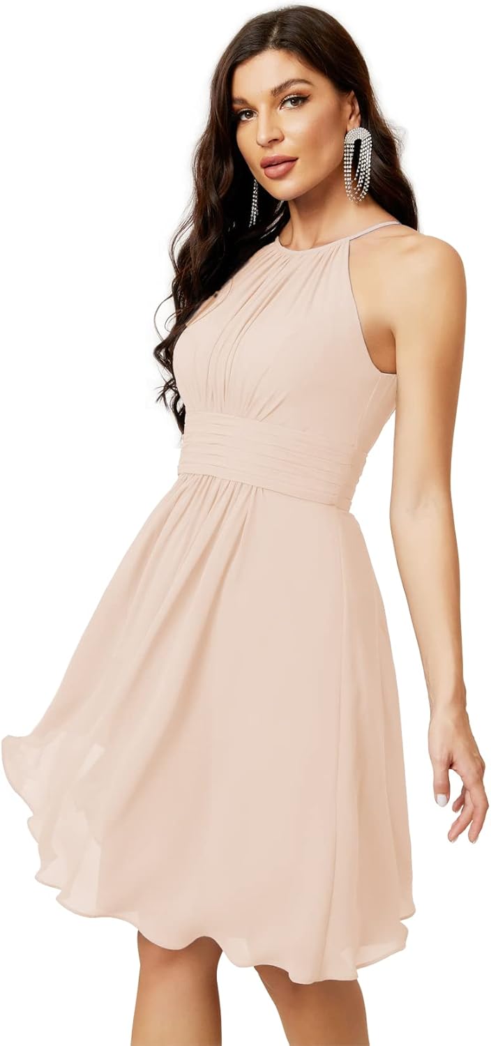Sunnderly Short Halter Top Chiffon Bridesmaid Dresses Tea Length A Line Formal Evening Party Cocktail Dress Dusty Rose