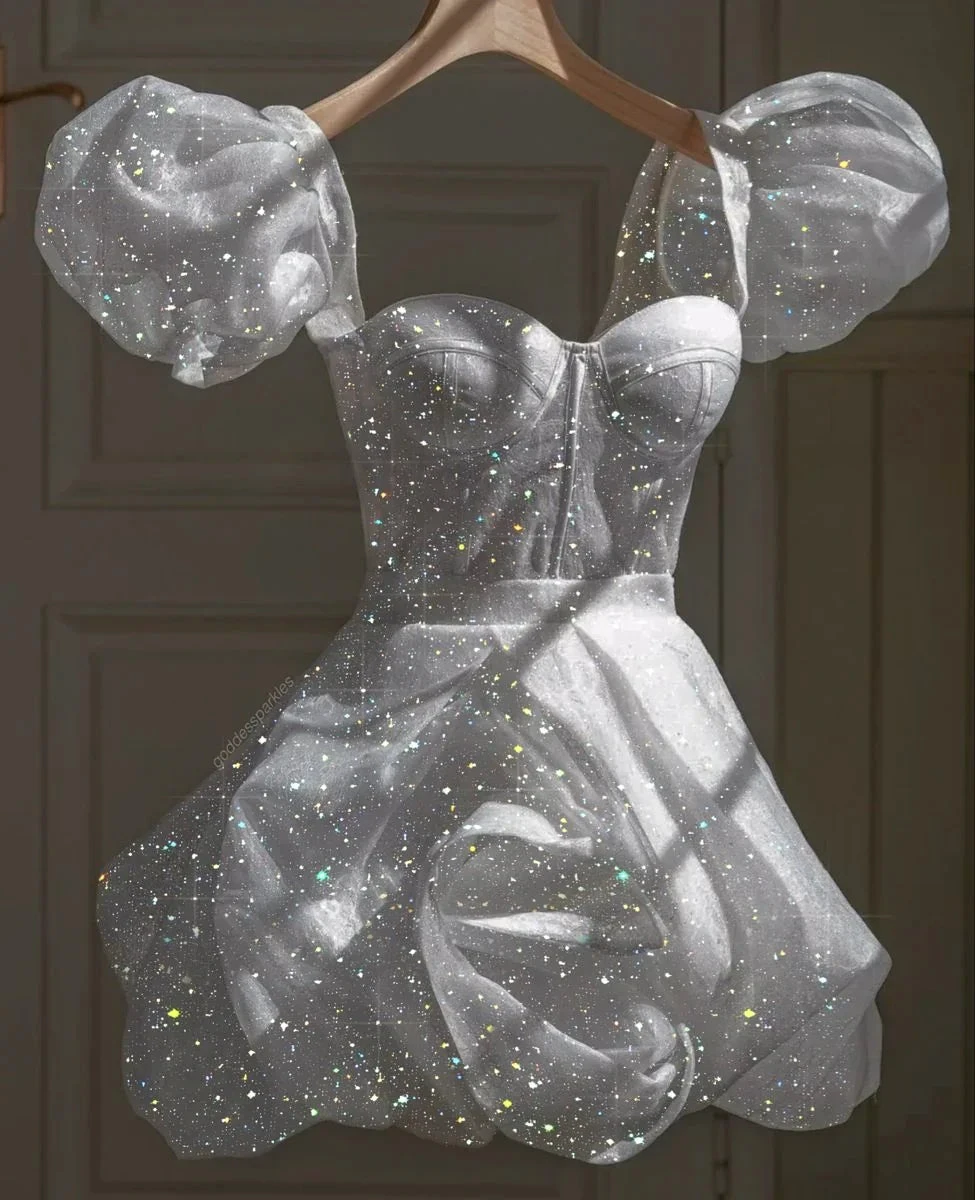 Glitter Sparkle White Homecoming Dress Retro White 22nd Birthday Outfit Dress (ZD12693)